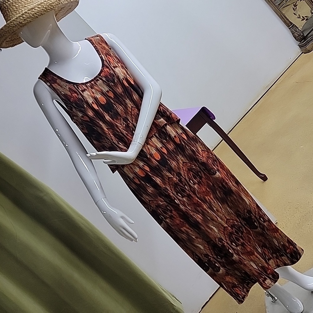 Fever Sleeveless Tiered Tank Warm Fiery Ikat Brown Maxi Dress Size Medium